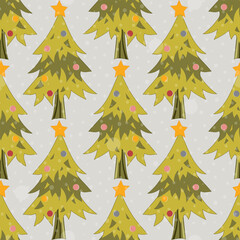 Evergreen fir trees form a seamless Christmas pattern for holiday wrapping paper. Vector.