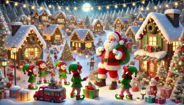 Santa Claus with a sack of presents surrounded by cheerful elves in a snowy Christmas village. Decorated trees, festive lights, and snow falling in the background.