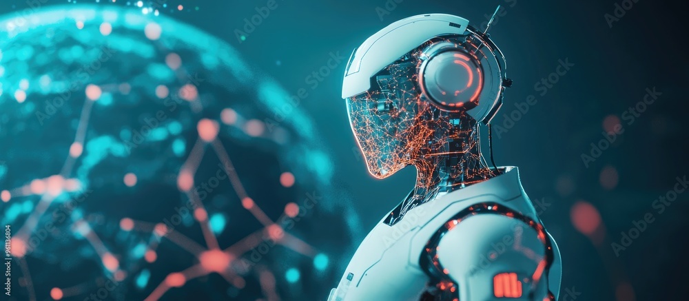 Poster concept of globalization through technology featuring a 3d rendered robot and interconnected global 