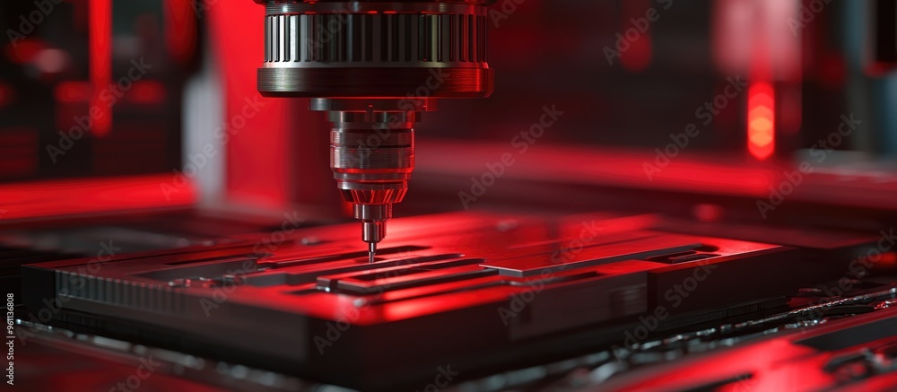 Poster close up of an industrial cnc drilling and boring machine in operation concept highlighting the indu