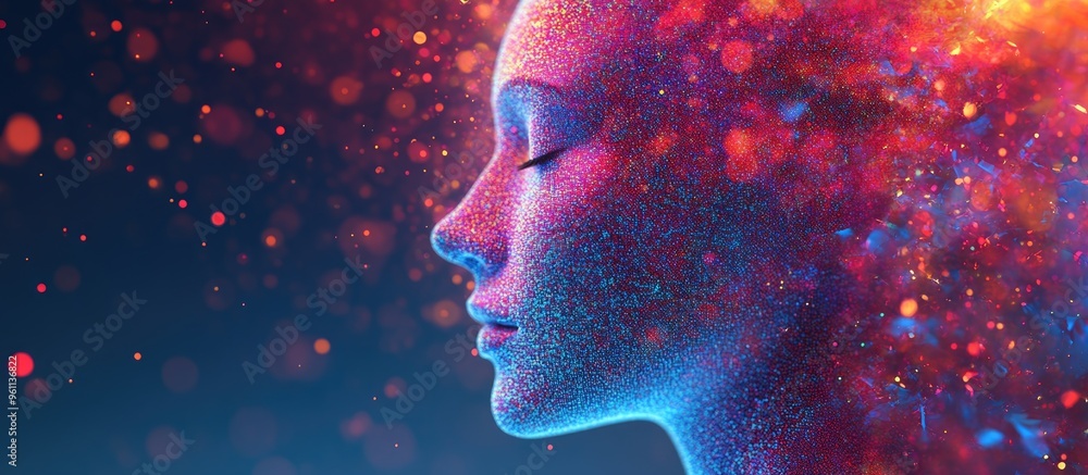 Aufkleber human head composed of a particle array featuring a pixelated and glitched representation of advance
