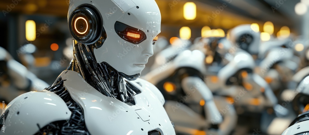 Poster 3d rendering of a cyborg controlling a robotic assembly line in an automotive manufacturing setting