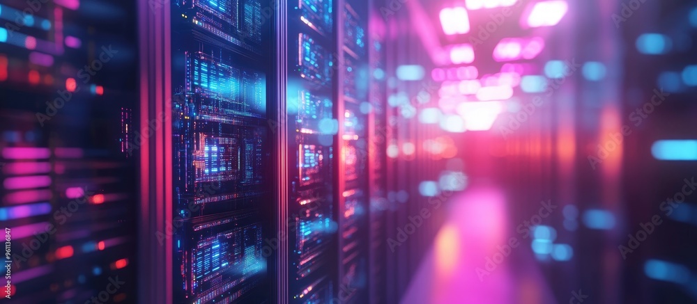 Poster concept of data storage on an online server with a holographic display above a blurred office enviro