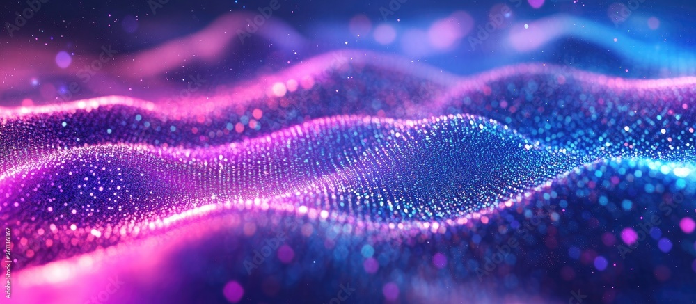 Poster abstract blue and violet wave texture with luminous blurred particles digital landscape background r
