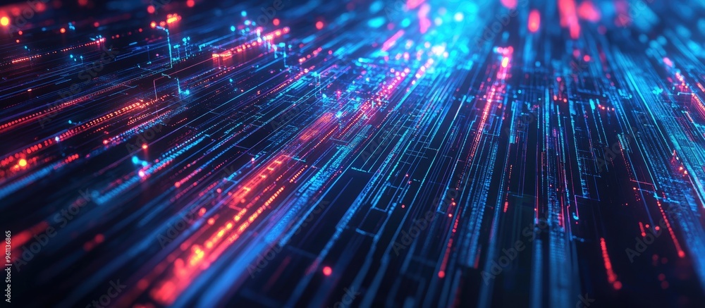 Poster futuristic data stream technology with neon lines abstract dark blue backdrop highlighting 3d stream