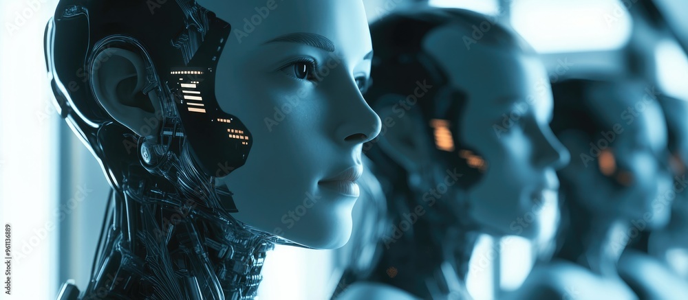 Poster concept of artificial intelligence featuring individuals with robotic heads