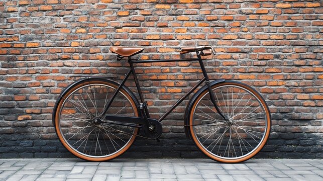 A vintage bicycle parked against a red brick wall. - Powered by Adobe