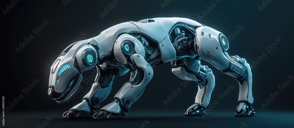 Poster 3d rendering of a robotic dog against a dark backdrop