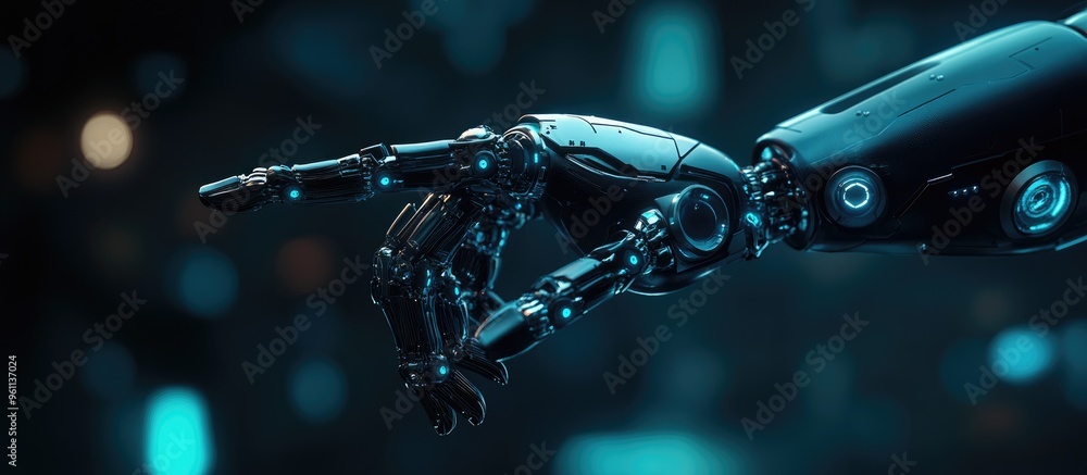 Poster black and blue robotic cyborg gestures with a finger against a dark backdrop in this 3d rendering