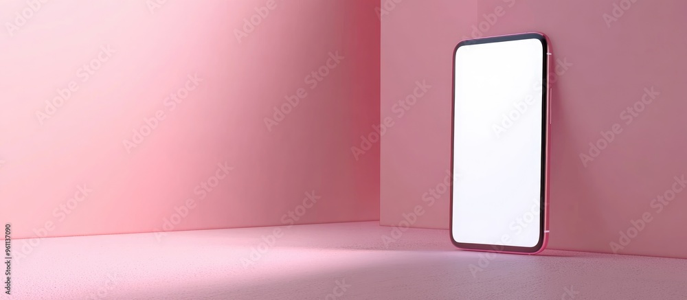 Poster 3d rendering of a pink smartphone with a blank white screen resting on a pink floor the device is is