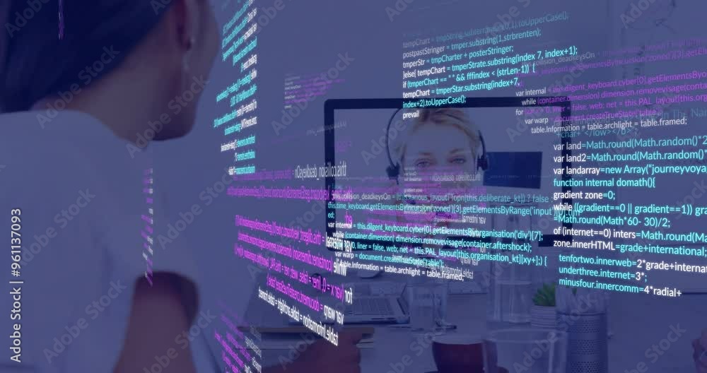 Poster computer code and data processing animation over people working in office