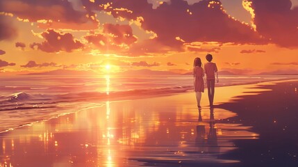 Fototapeta premium romantic scene of anime with couple on the beach