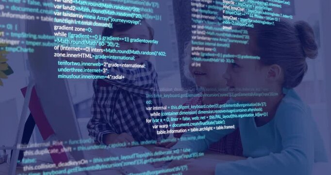 Children using computer with programming code animation over screen