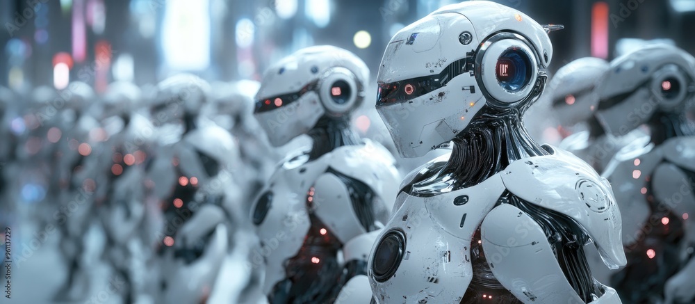 Poster futuristic robots depicted in imaginative sci fi art showcasing advanced technology and surreal conc