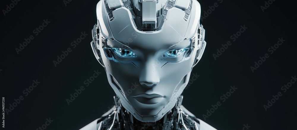 Poster futuristic cyborg head or robotic face shown from the front isolated on a dark background 3d renderi