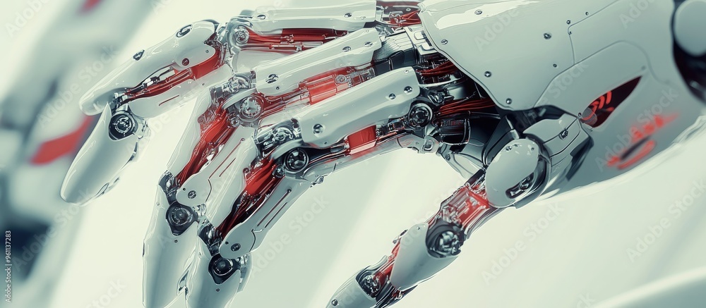 Poster close up image of a robotic hand with multiple joints captured in a 3d rendering style showcasing in