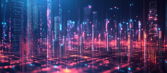 Naklejka premium Futuristic cityscape with AI integration Dynamic high speed data transfer visualization in a technology inspired 3D abstract render