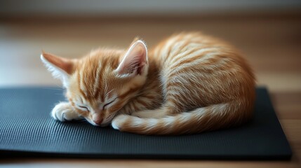 Sleeping kitten on yoga mat, cozy atmosphere