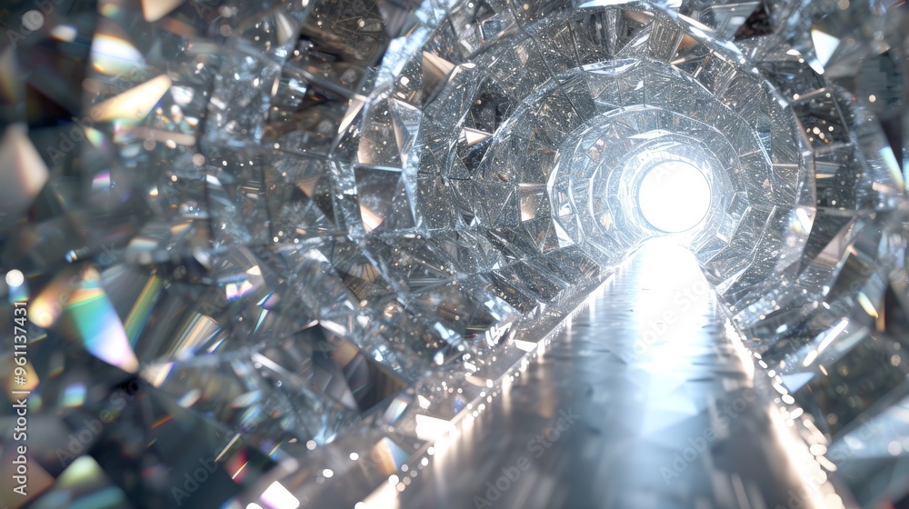 Poster a tunnel lined with faceted crystals reflects shimmering light toward a bright exit. the geometric s