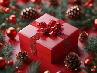 A festive red gift box adorned with a shiny bow, surrounded by holiday decorations.