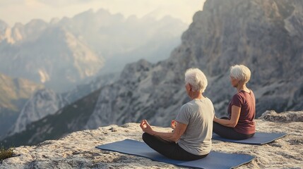 Elderly couple practicing yoga on mountain peak