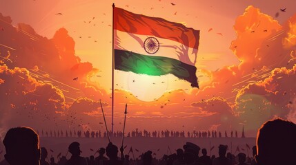A crowd of people with their fist raised in the air, Indian flags flying around them. In front is an indian flag with orange and white stripes, with sun setting behind it.