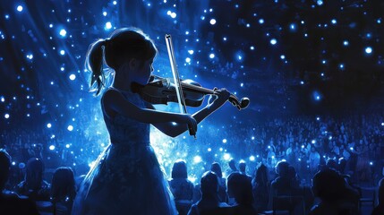 Fototapeta premium on a stage with a dark blue wall with small lights, crowd around her sitting on chairs, spotlight on the girl