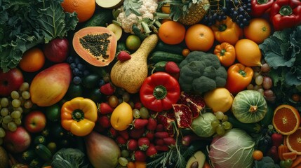 vibrant assortment of fresh fruits and vegetables, showcasing a variety of colors and textures, including papaya, grapes, peppers, and leafy greens, beautifully arranged in a top-down view