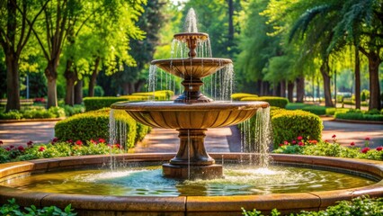 Fountain in the park with flowing water surrounded by greenery, water, fountain, park, outdoor, nature, scenic, landscape, summer