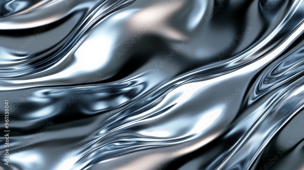 Poster abstract metallic liquid waves of silver. shiny, reflective surface with smooth curves and fluid mov