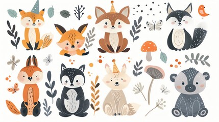 Obraz premium Cute woodland animals celebrating a birthday with flags and party hats.