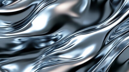 Abstract metallic liquid waves of silver. Shiny, reflective surface with smooth curves and fluid movement creating a modern, futuristic look.