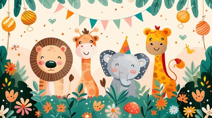 Obraz premium Cute cartoon animals celebrating a birthday with party decorations.
