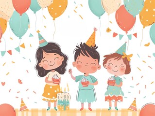 Three kids celebrating a birthday with cake and balloons.