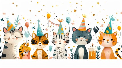 Cute cats wearing party hats and holding balloons, celebrating a birthday