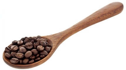 Fototapeta premium Close up of a wooden spoon filled with roasted coffee beans.
