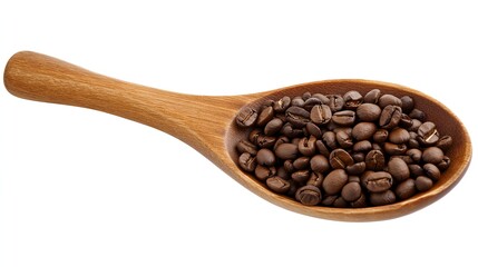 Fototapeta premium A wooden spoon filled with roasted coffee beans isolated on a white background.