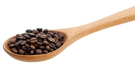 Obraz premium Close-up of roasted coffee beans in a wooden spoon.