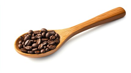 Obraz premium Close-up of roasted coffee beans in a wooden spoon.