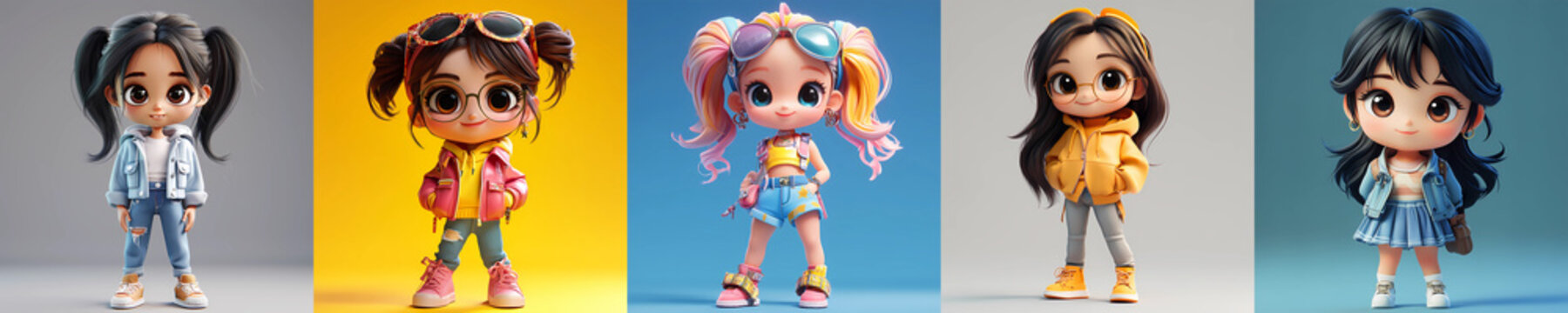 Set of chibi smiling cute fashion Girls Cartoon, generated ai