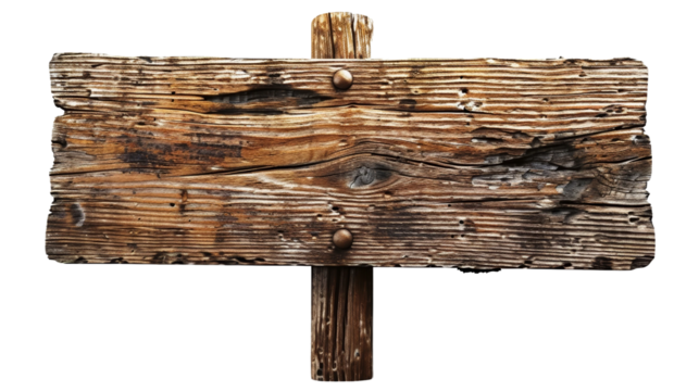 Rustic wooden sign with weathered texture and nails for signage
