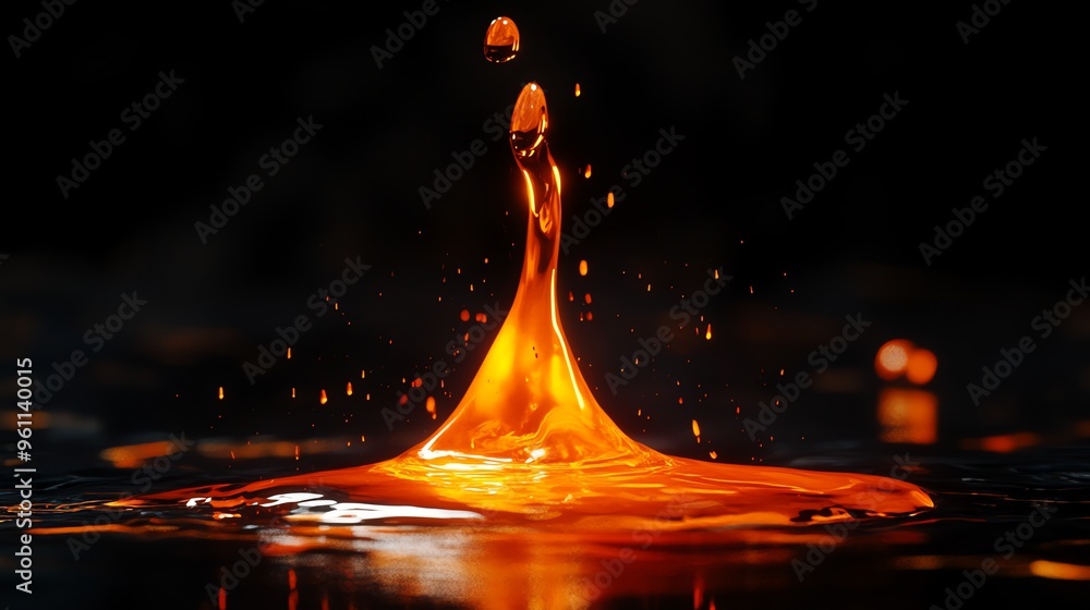 Poster a fiery orange liquid drop splashing into a dark liquid, creating a dramatic and abstract image.