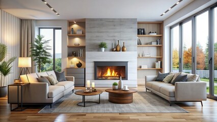 Fototapeta premium Modern living room featuring a cozy fireplace , cozy, contemporary, home decor, interior design, comfortable