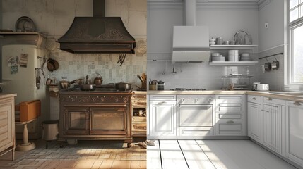 An image showcasing the stark contrast between an antique kitchen with weathered elements and a modern kitchen with a bright, clean finish. The image symbolizes the blend of past and present in home