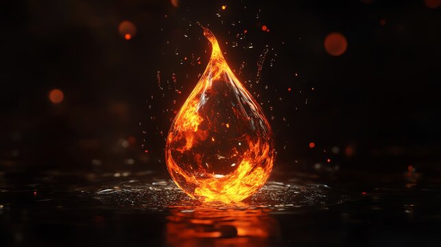 A single drop of fire suspended in mid-air against a black background with bokeh.