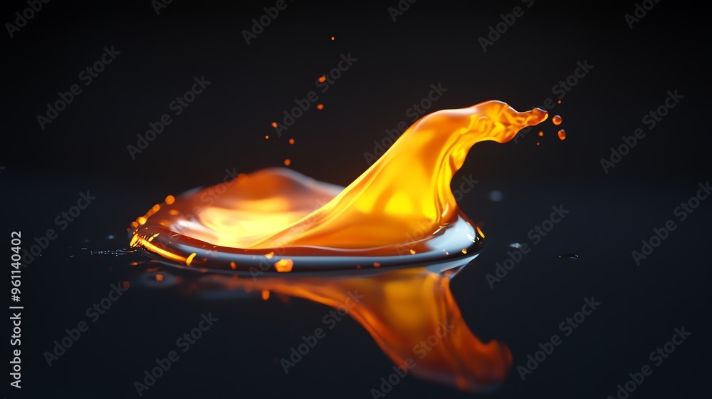 Poster a golden liquid drop impacting the surface and creating a beautiful splash and reflection.