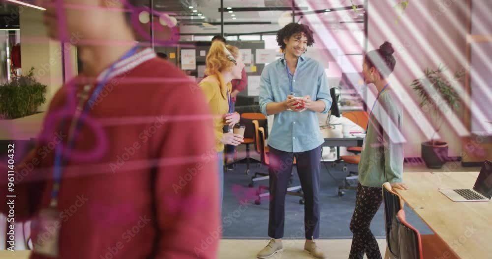 Poster business team collaborating over pink animation of data and graphs in office