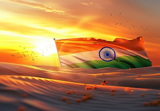 A vibrant Indian flag waving in the wind with an orange, white and green color scheme. In front of it is a vast desert landscape at sunset, with birds flying overhead.