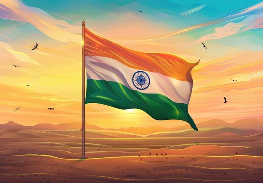 A vibrant Indian flag waving in the wind with an orange, white and green color scheme. In front of it is a vast desert landscape at sunset, with birds flying overhead.