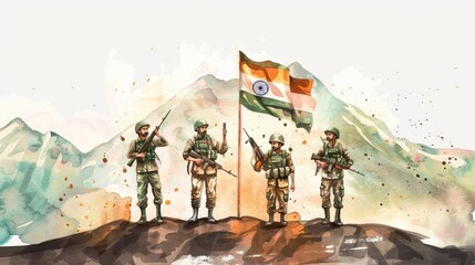 A group of soldiers in uniform stand on top of a mountain holding an Indian flag sunset behind them on the sky.